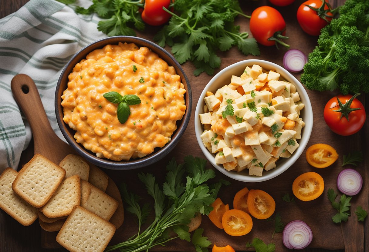 A bowl of creamy pimento cheese sits on a wooden cutting board, surrounded by crackers and sliced vegetables. The vibrant orange and green colors of the pimentos and herbs contrast against the pale yellow cheese