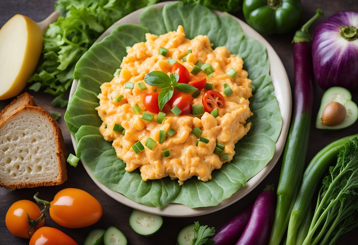 A colorful plate with pimento cheese, surrounded by fresh vegetables and a measuring tape