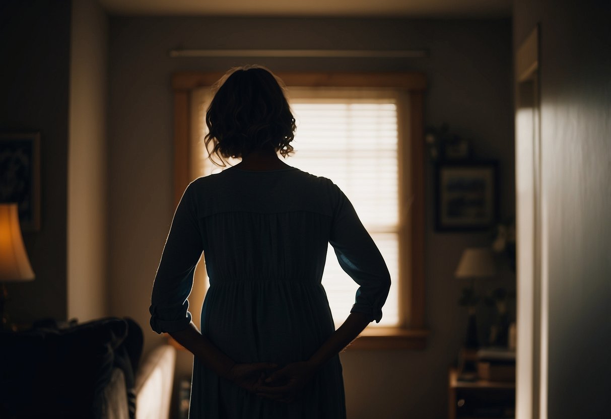 A mother-to-be stands in a dimly lit room, surrounded by looming shadows that represent her fears of labor. Each fear is depicted as a looming figure, but she stands strong, ready to overcome them