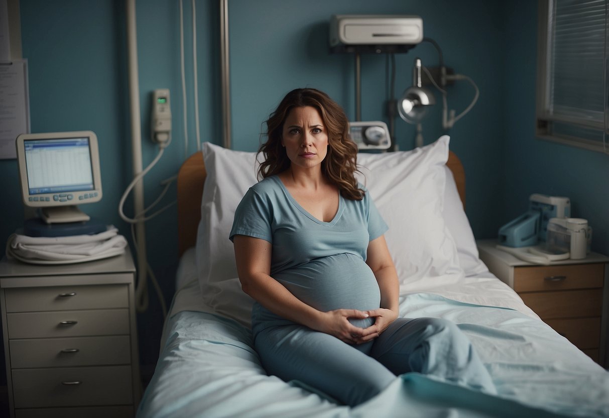 A pregnant woman sits on a hospital bed, surrounded by medical equipment. A worried expression is on her face as she contemplates the potential complications of childbirth