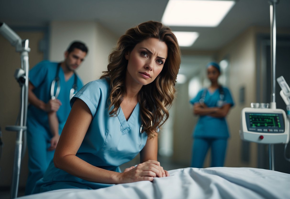 A woman sits on a hospital bed, surrounded by medical equipment. She looks worried and tense, gripping the edges of the bed