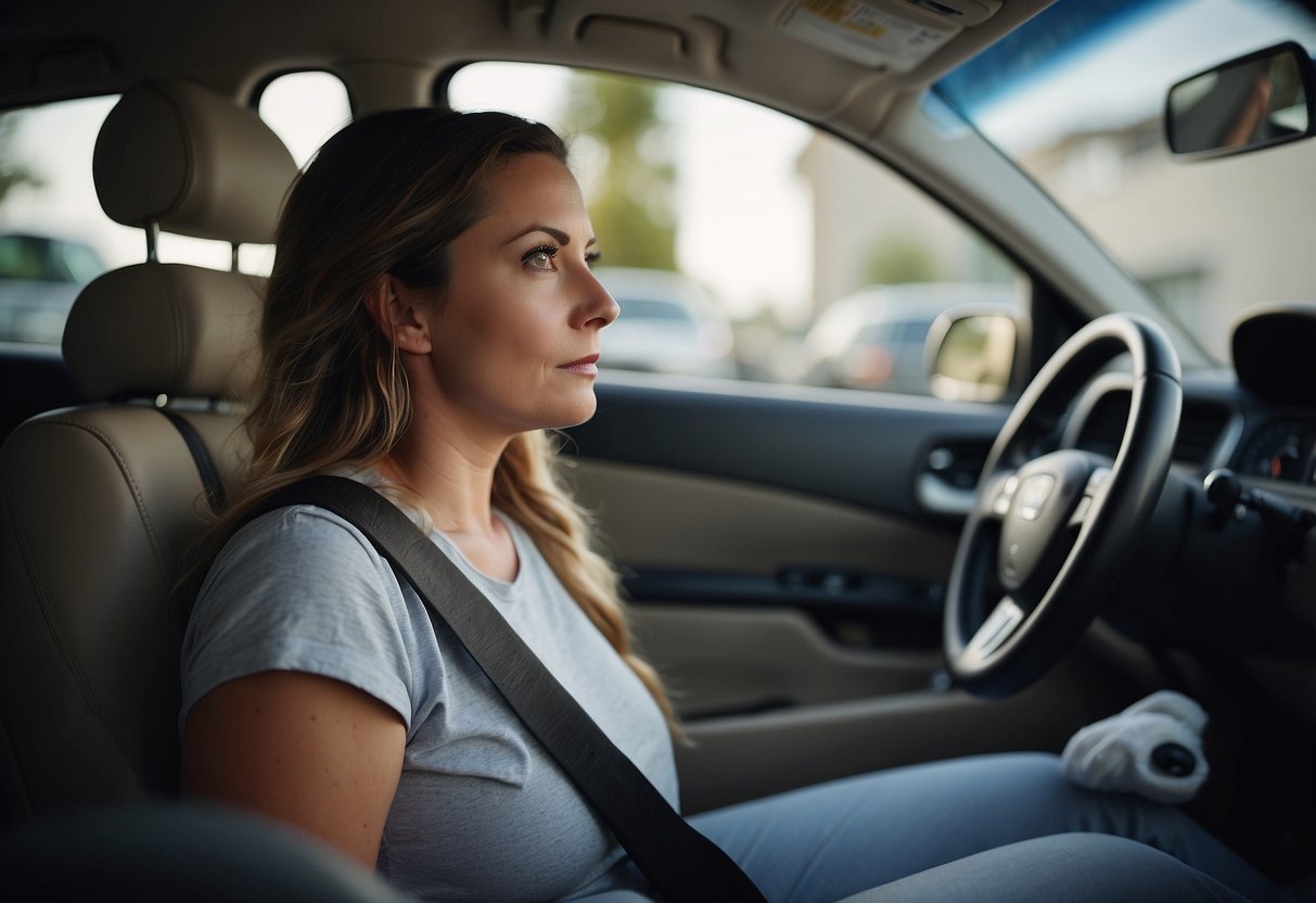 A woman in labor grips the car seat, eyes wide with fear as the hospital grows distant in the rearview mirror