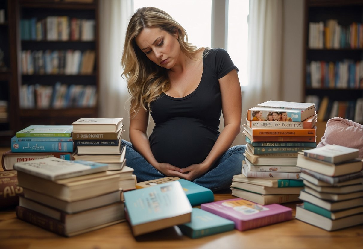 A pregnant woman sits alone, surrounded by baby books and articles. Her worried expression reflects the common fears of first-time mothers