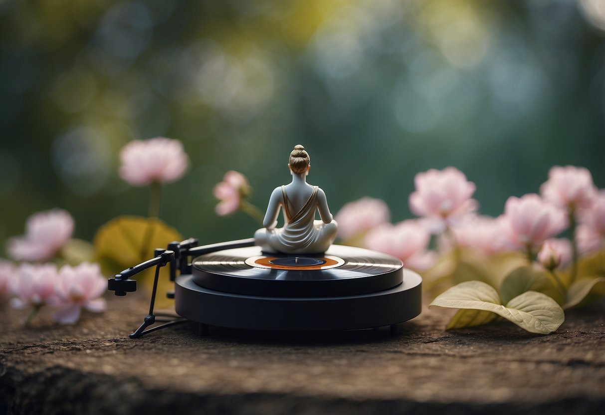 A serene figure surrounded by soft, soothing music