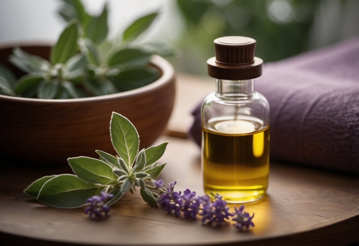 A bottle of clary sage oil being gently poured onto a massage table, with soft lighting and calming music in the background