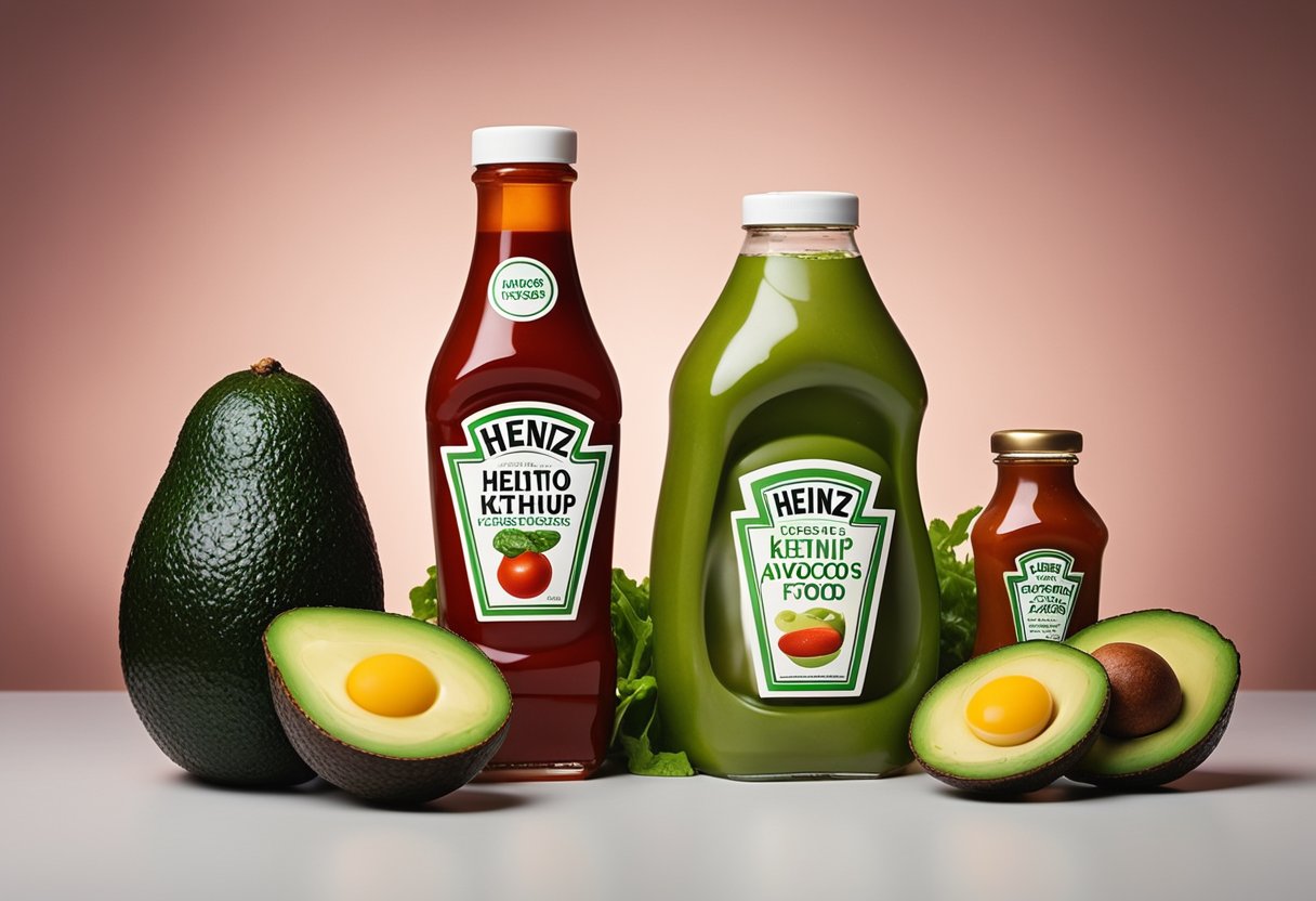 A bottle of Heinz ketchup surrounded by keto-friendly food items like avocados, eggs, and leafy greens