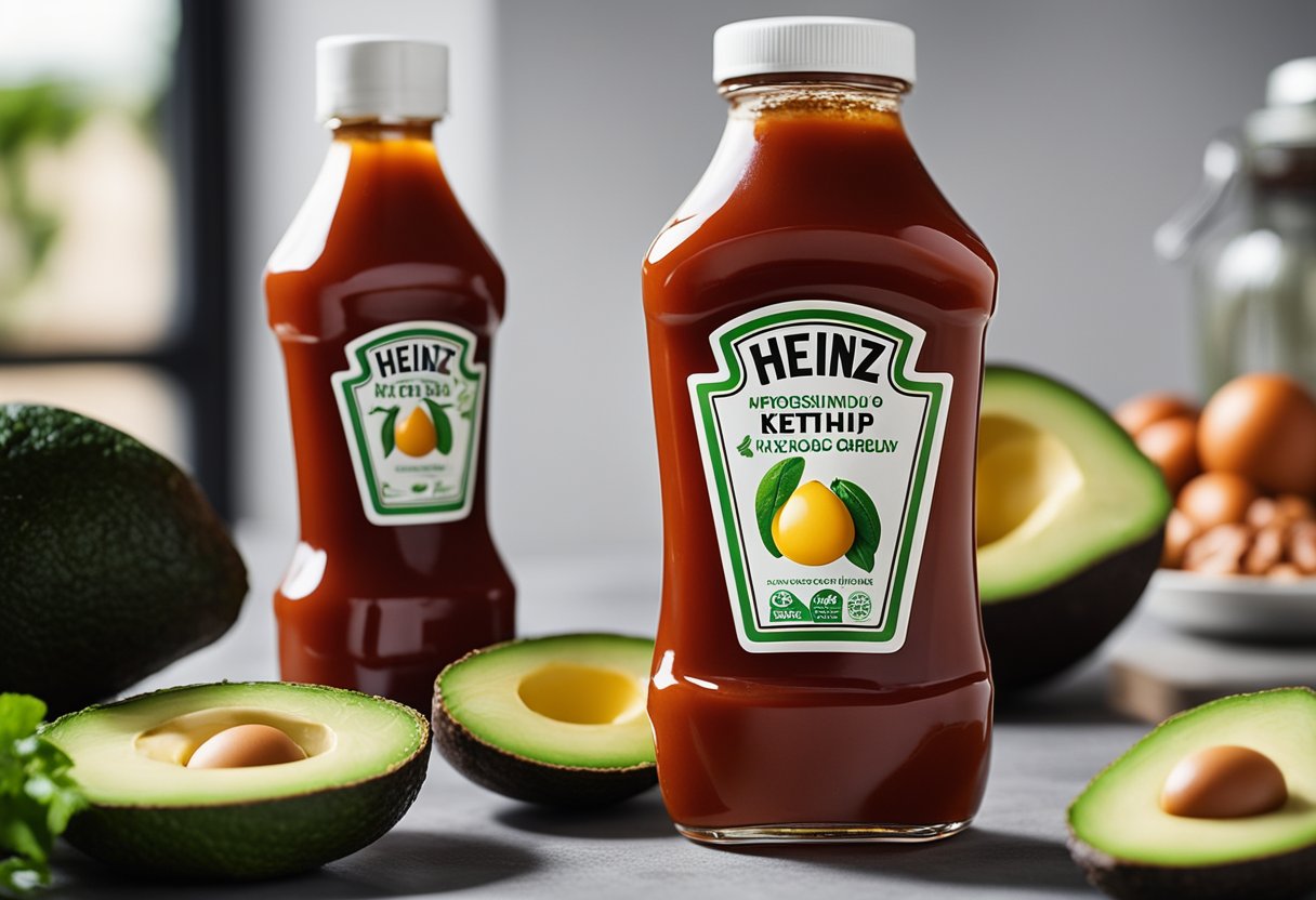 A bottle of Heinz ketchup next to keto-friendly foods like avocados, eggs, and leafy greens