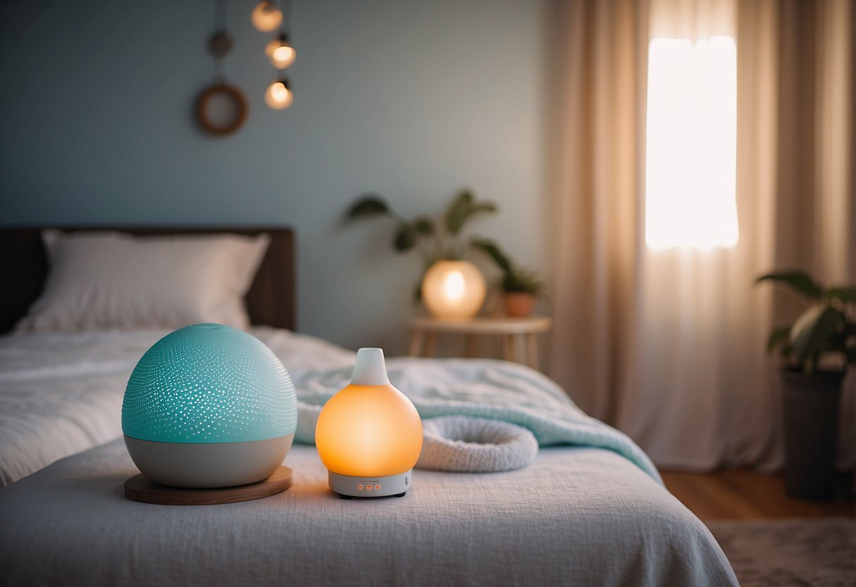 A serene birthing room with soft lighting, soothing music, and a supportive birthing team. Aromatherapy diffuser fills the air with calming scents. Comfortable birthing ball and adjustable bed for different labor positions