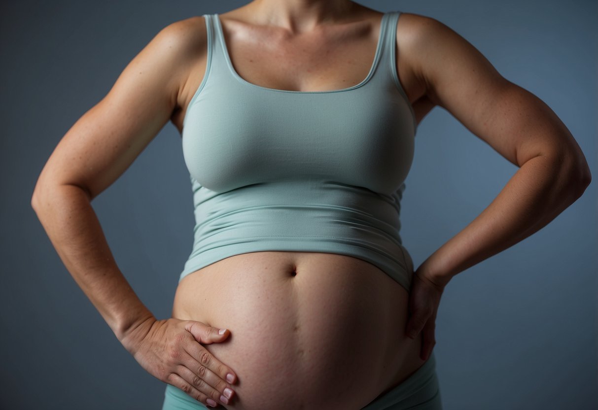 A pregnant figure stands with hands on lower back, wincing in discomfort. The figure's posture reflects the increased pelvic pressure as they prepare for labor