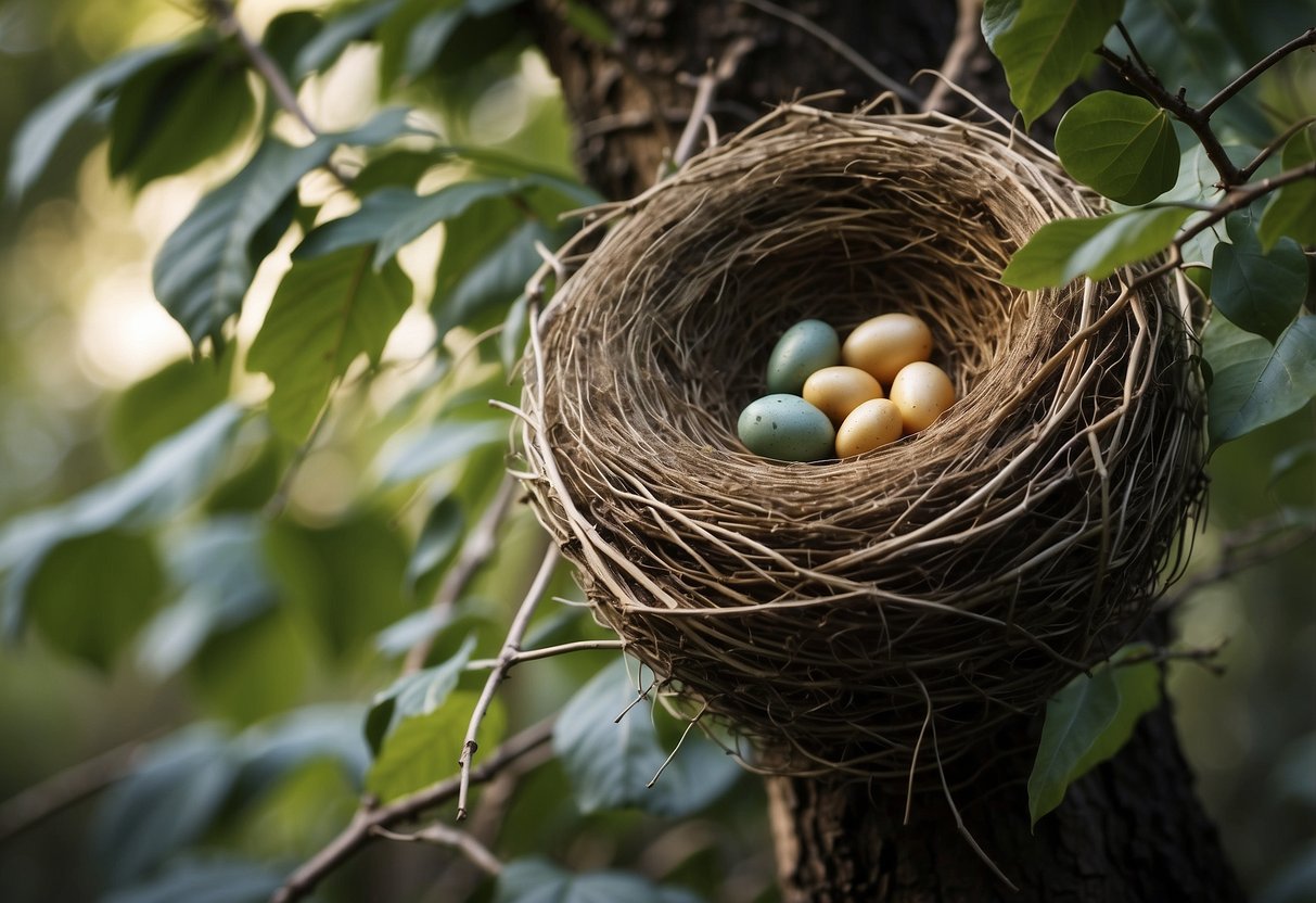 A bird's nest in a tree, surrounded by twigs and leaves. The nest is large and well-constructed, indicating preparation for new life