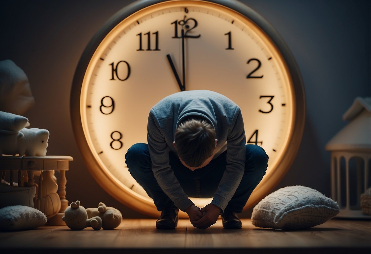 A figure hunched over in discomfort, clutching their lower back. A clock showing late hours. A crib and baby items in the background