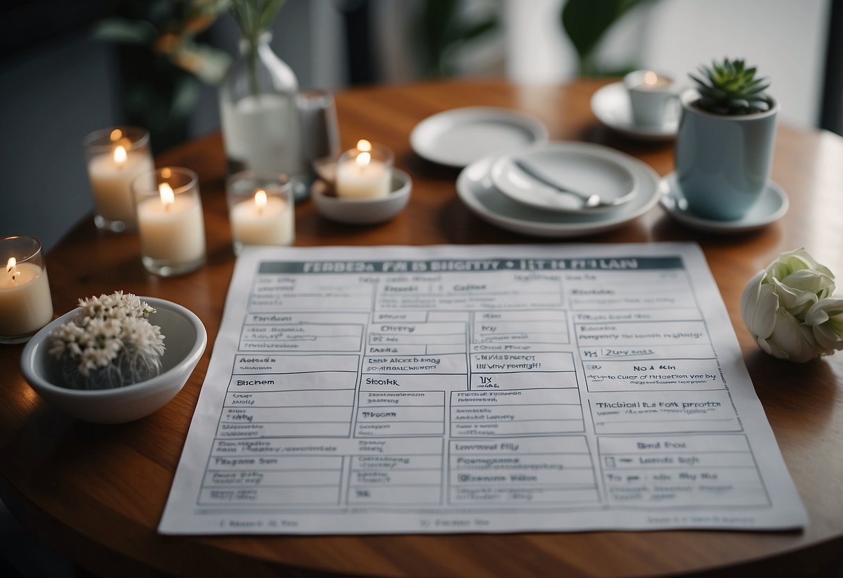 A table with 7 different birth plan options laid out, each labeled with clear and concise descriptions. A person sits at the table, carefully considering each option