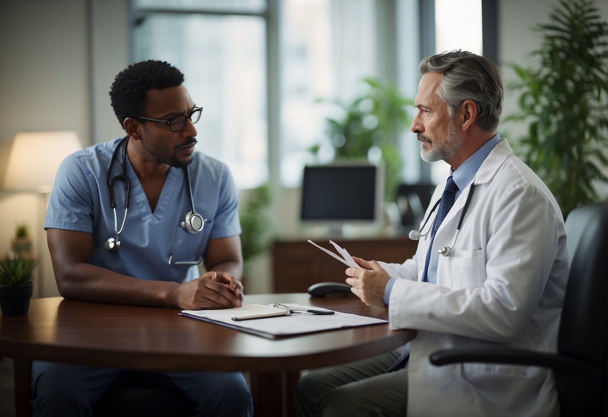 A doctor and patient discussing birth plan options in a cozy office setting. The doctor is holding a clipboard while the patient listens attentively. The atmosphere is calm and supportive