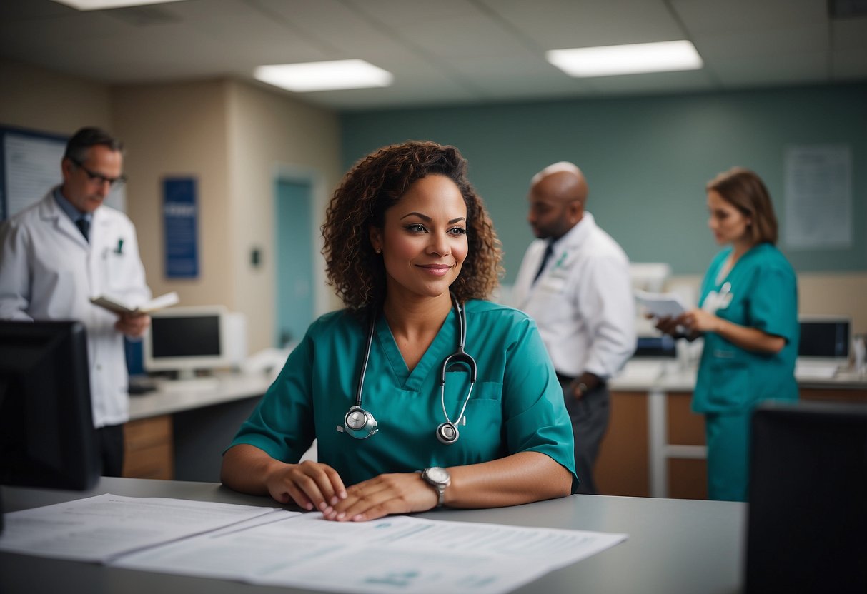 A hospital administrator reviews birth plan options in an office, surrounded by policy documents and a checklist