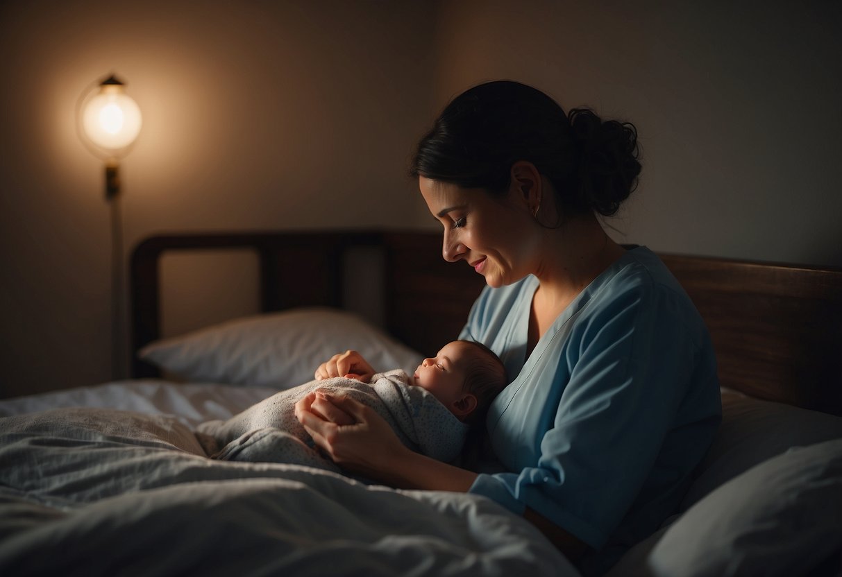 A cozy, dimly lit room with a comfortable bed and soft lighting. A nurse gently cares for a new mother, providing support and guidance