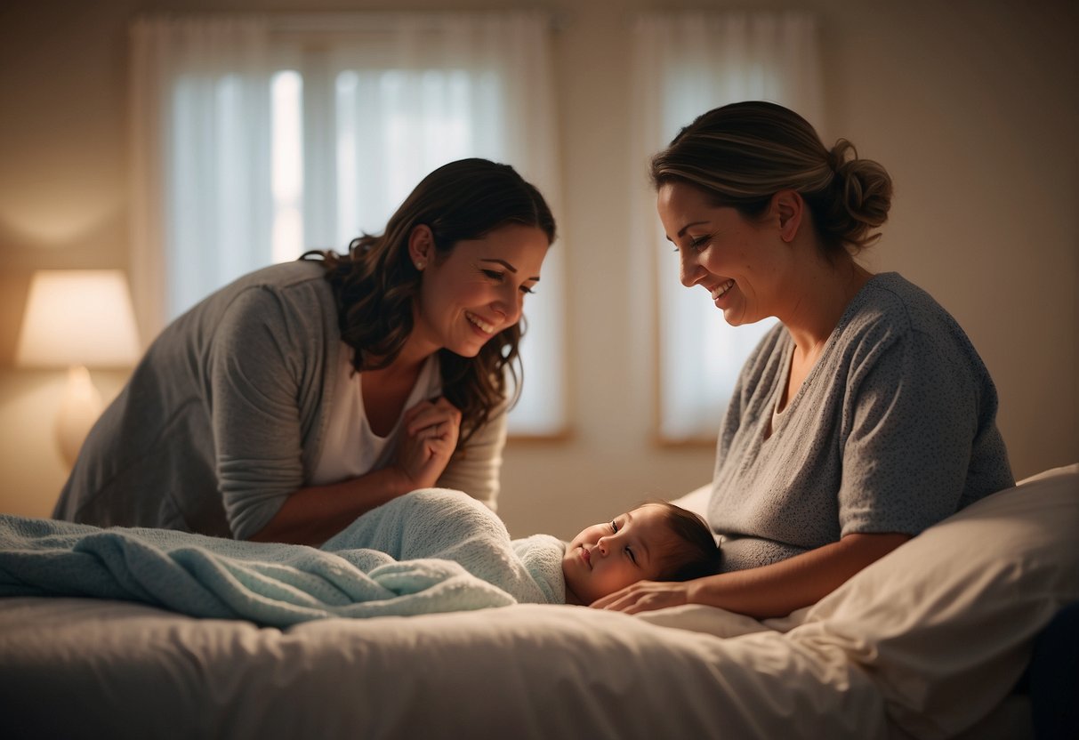 A cozy bedroom with soft lighting, a birthing pool, supportive family members, and a midwife guiding the mother through labor