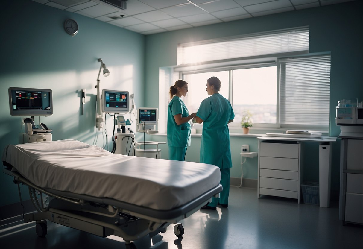 A hospital room with a birthing bed, medical equipment, and a clock on the wall. A nurse and doctor stand ready for a delivery