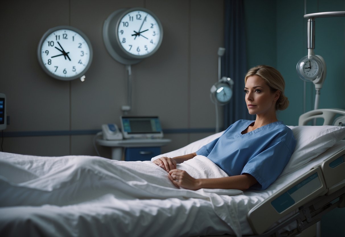 A woman reclines on a hospital bed, surrounded by medical equipment. A clock on the wall shows the time. A nurse stands nearby, offering support