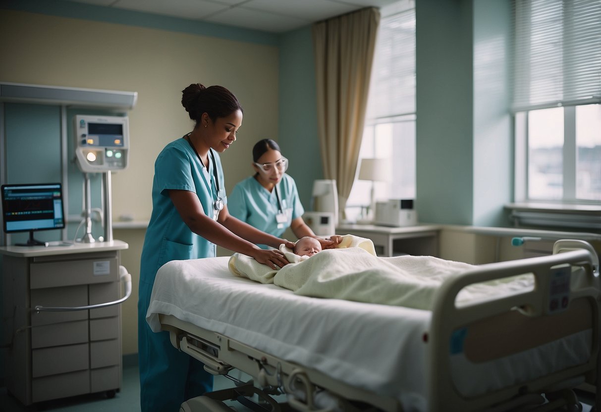 A hospital room with a labor and delivery bed, medical equipment, and a healthcare professional assisting a mother during childbirth