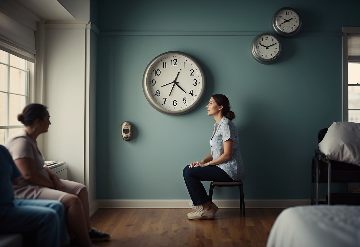 A clock on the wall shows the passing of time as a woman in labor waits patiently, surrounded by supportive loved ones. The room is filled with a sense of anticipation and determination as the birthing process unfolds