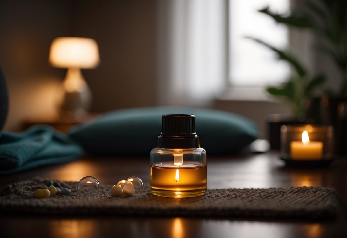 A serene, dimly lit room with soft music playing. A birthing ball, essential oils, and a calming birthing plan displayed. A supportive partner nearby, offering encouragement