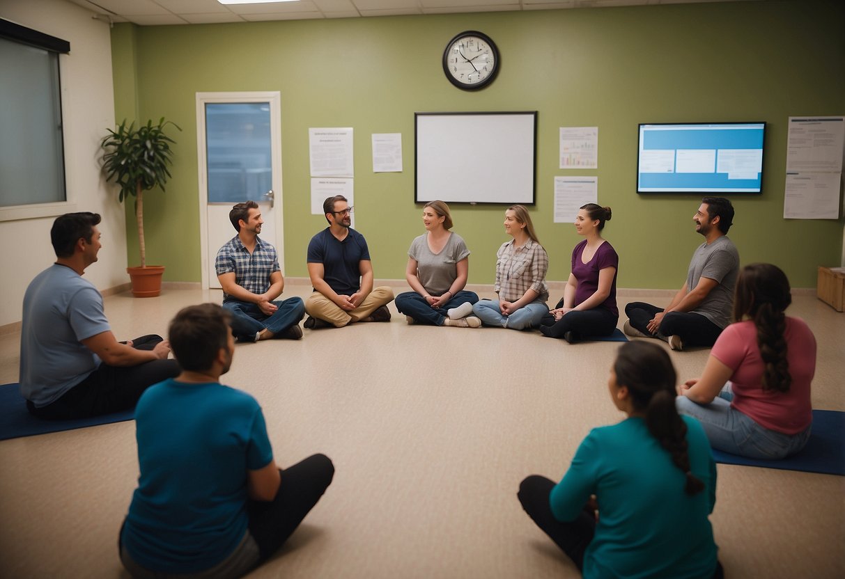 A group of people sit in a circle, listening attentively as an instructor demonstrates various birthing techniques. Charts and diagrams adorn the walls, providing visual aids for the class