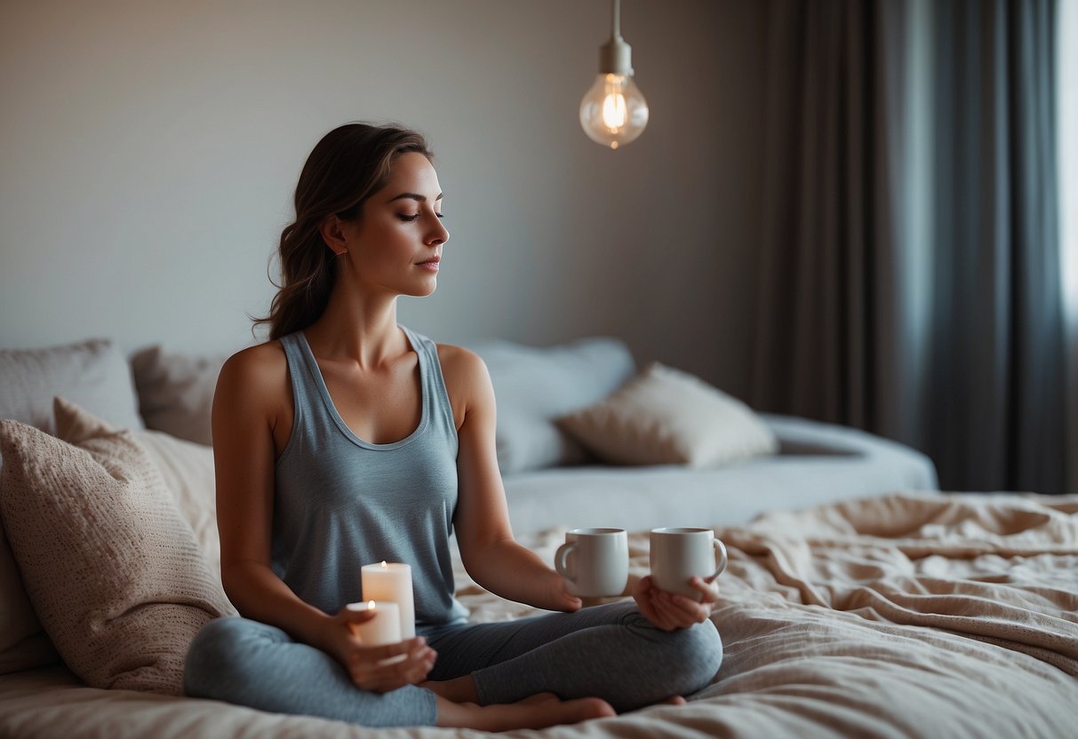 A serene setting with soft lighting and calming colors. A comfortable space with pillows and blankets. A woman practicing deep breathing or meditation