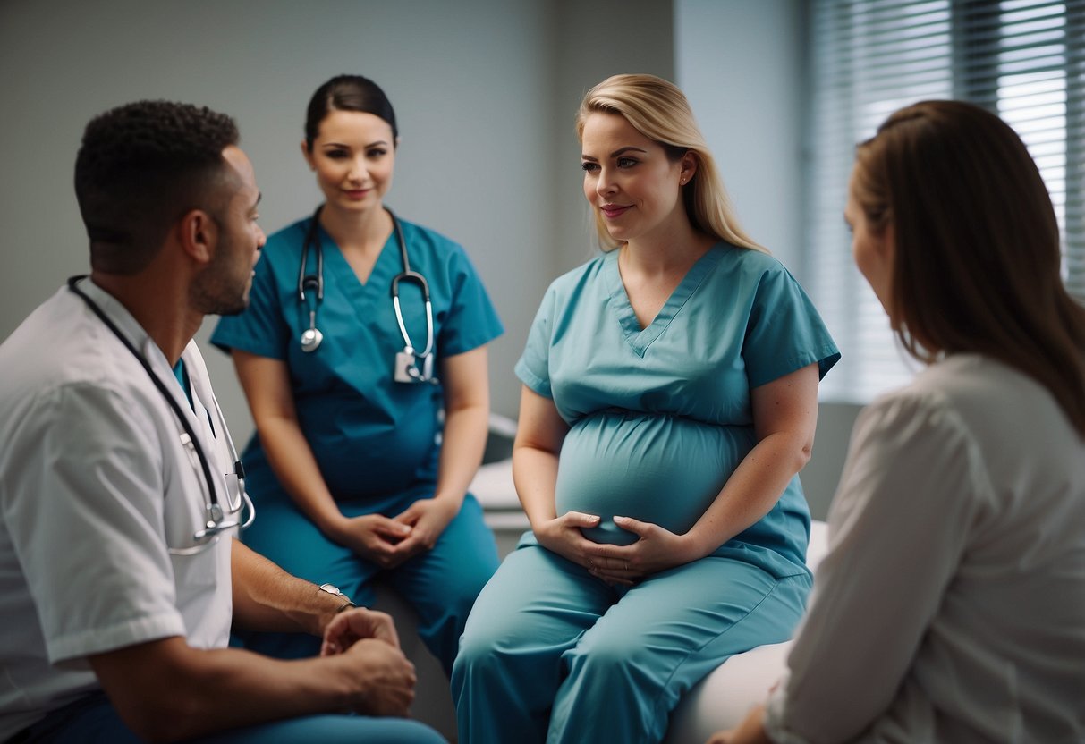 Healthcare providers and a pregnant woman discussing natural birth preparations