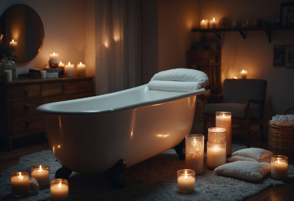 A cozy, dimly lit room with soft music playing. A large birthing tub sits in the center, surrounded by candles and essential oils. A comfortable chair for the birthing partner and plenty of pillows and blankets for the laboring person