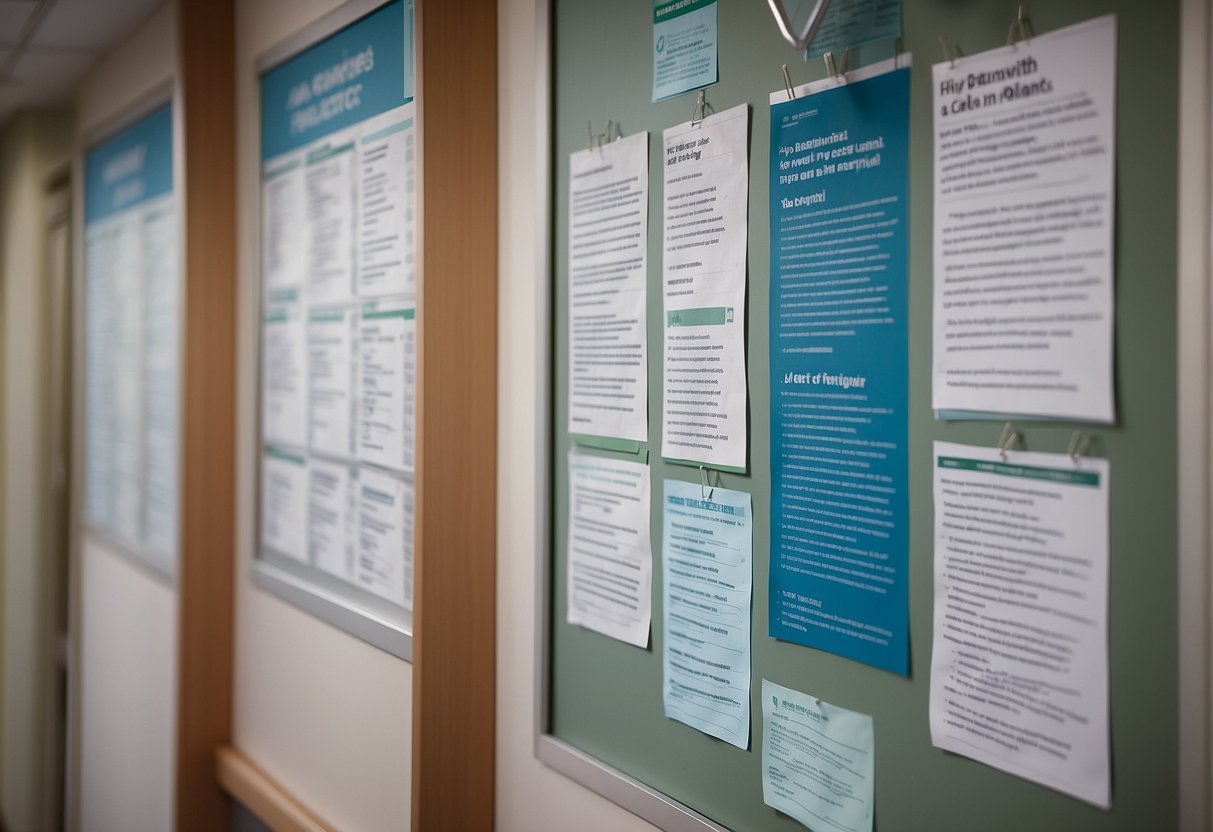 A bulletin board displays hospital policies and a list of 10 ways to prepare for natural birth