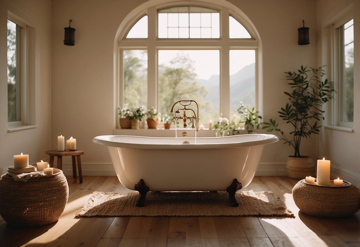 A serene, sunlit room with soft, natural colors. A birthing tub sits in the center, surrounded by calming elements like candles, essential oils, and soothing music. A sense of peace and empowerment fills the space