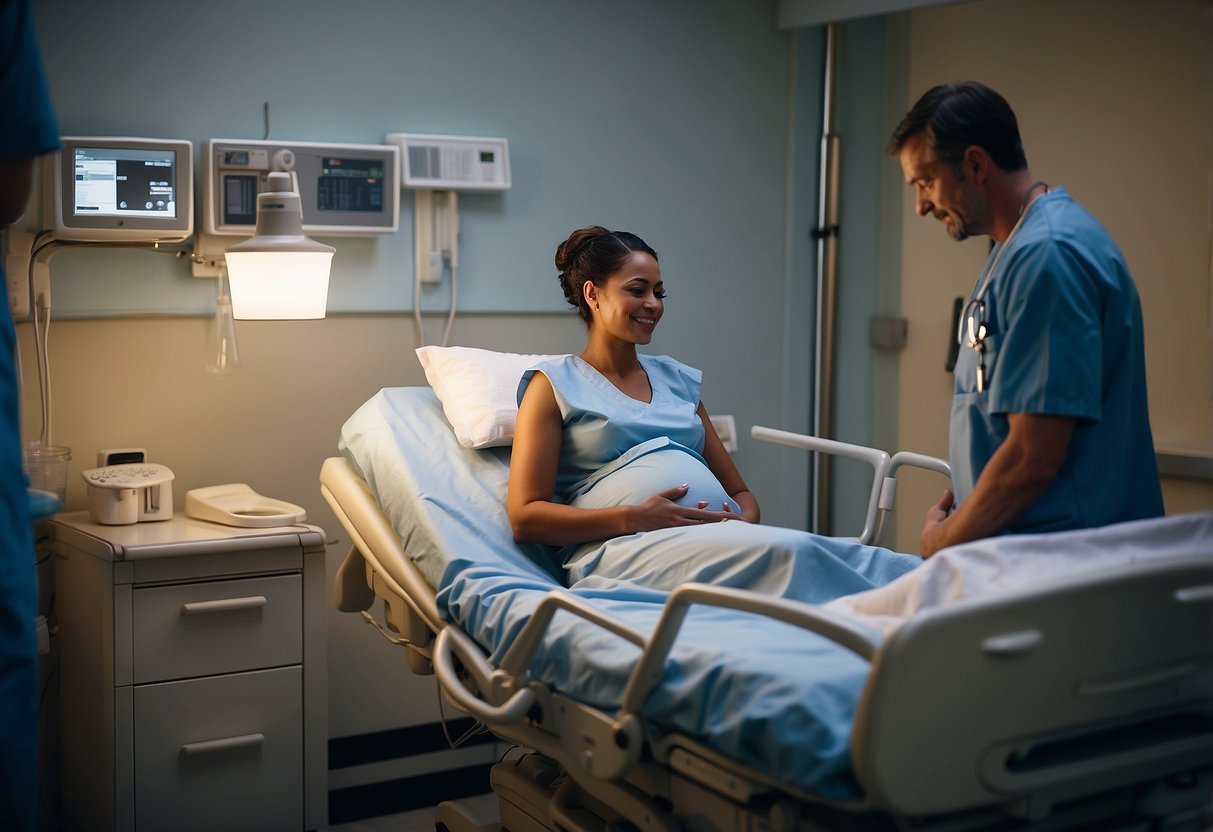 A serene hospital room with soft lighting, a comfortable birthing bed, and supportive medical staff assisting a calm mother-to-be during labor