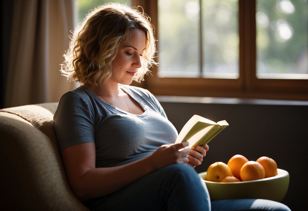 A pregnant woman sips water while reading a book on labor tips. A water bottle and fruit sit nearby. Sunlight streams through the window