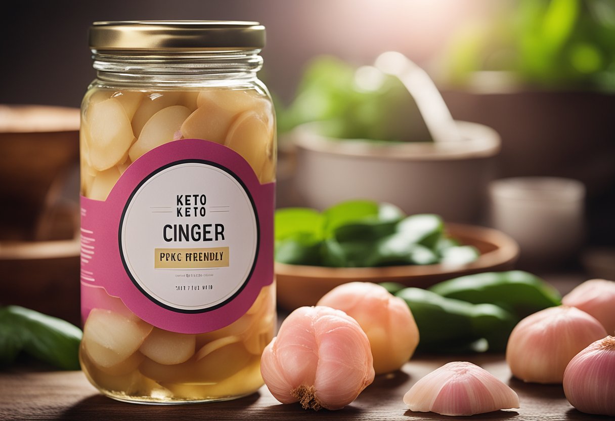 A jar of pickled ginger sits on a wooden table with a keto-friendly label