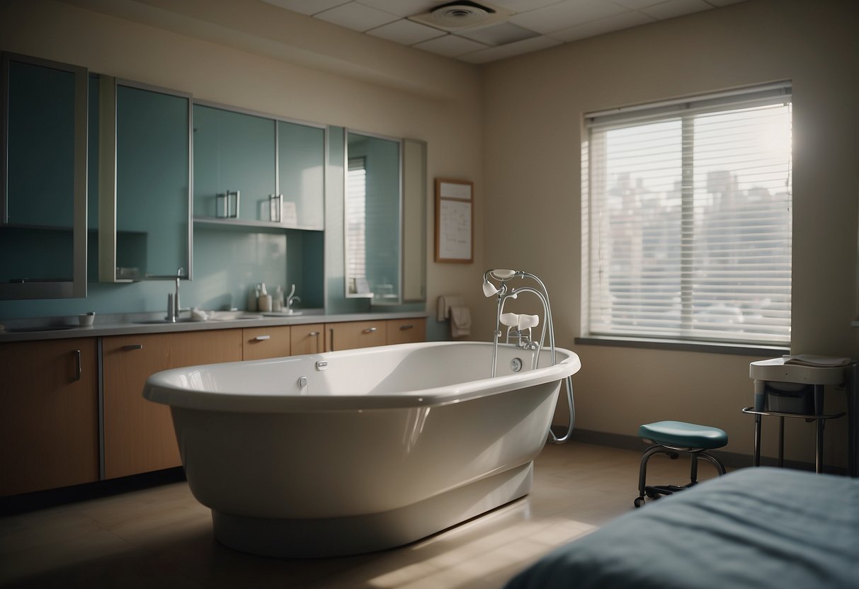 A serene hospital room with a cozy birthing tub, soft lighting, and soothing music playing in the background. A supportive partner stands nearby, offering encouragement and comfort