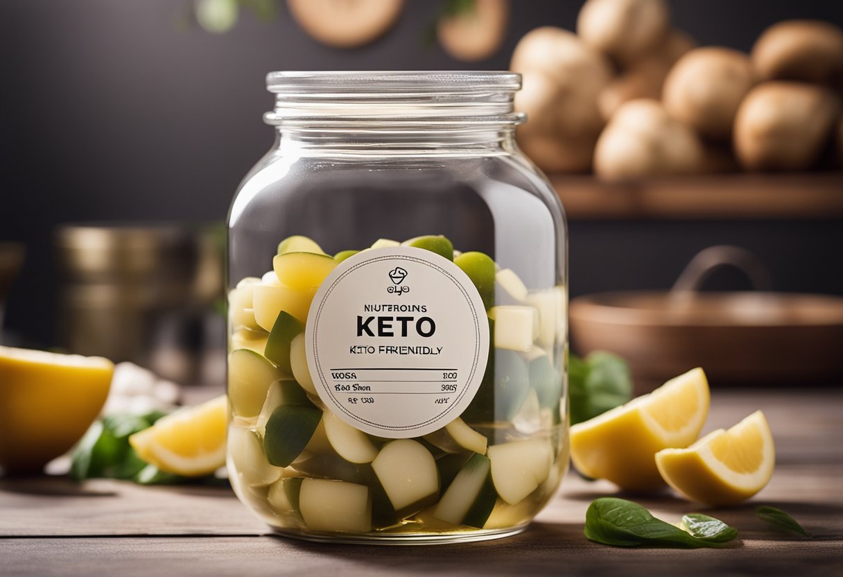 A jar of pickled ginger surrounded by ingredients, with a nutrition label and keto-friendly symbol