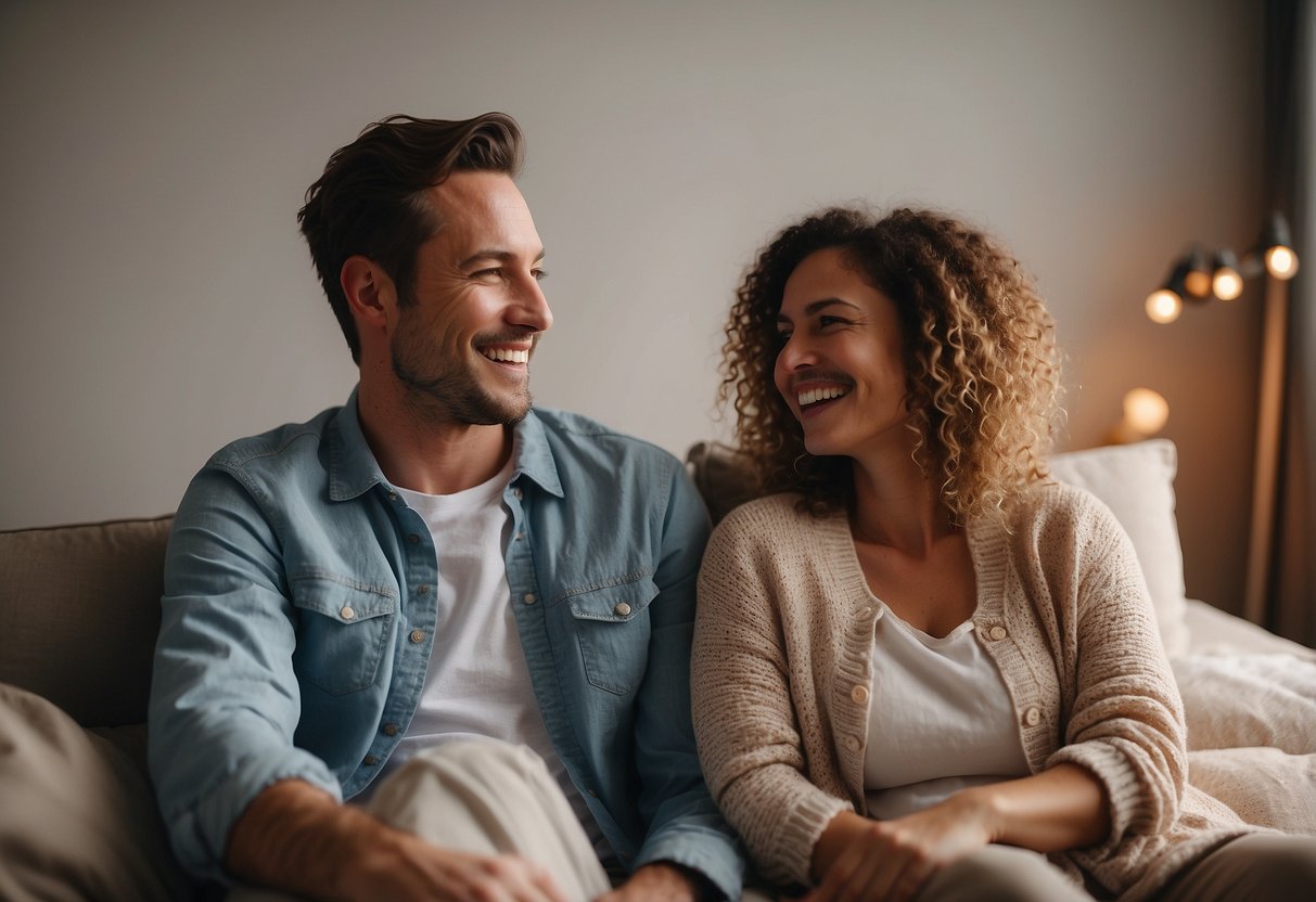 A couple sits together in a cozy, clutter-free room. They are smiling and relaxed, surrounded by calming colors and soft lighting. A list of "10 Tips for a Stress-Free Pregnancy with Your Partner" is displayed prominently on the wall