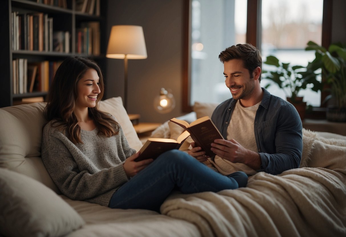 A serene couple sits in a cozy room, surrounded by soft pillows and warm blankets. They are reading a book together, with soft music playing in the background. A sense of calm and relaxation fills the air