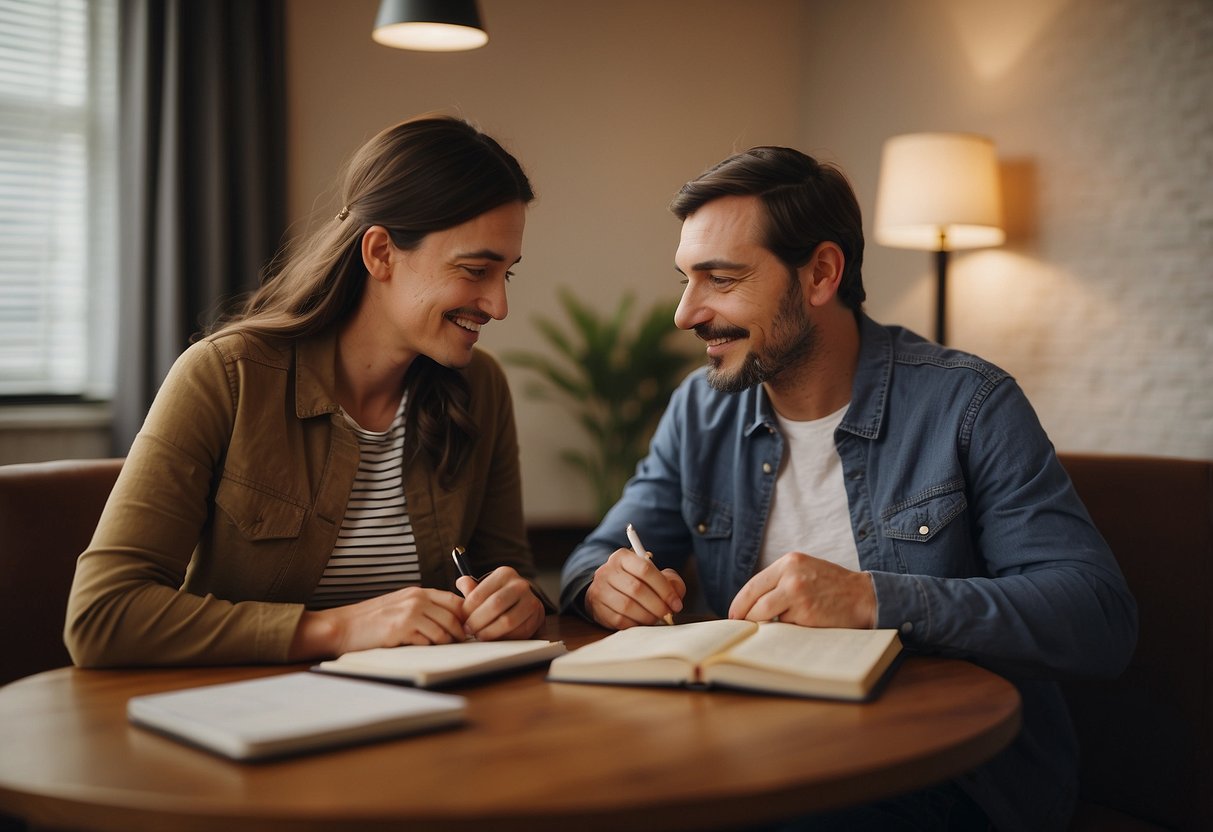 A couple sits together, calmly discussing their birth plan. They have notebooks and a pen, and are surrounded by a warm, comforting atmosphere