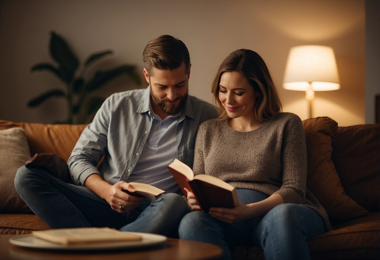 A couple sits side by side, reading a pregnancy book together. A cozy, peaceful atmosphere surrounds them as they prepare for the arrival of their baby