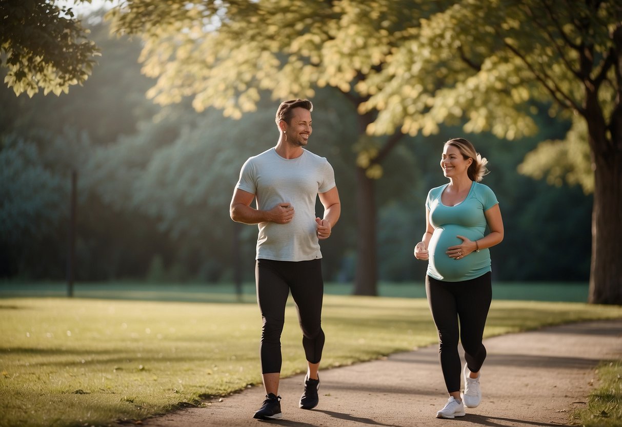 A pregnant person and their partner are doing gentle exercises together, following 10 safety tips. They are smiling and relaxed, creating a stress-free atmosphere