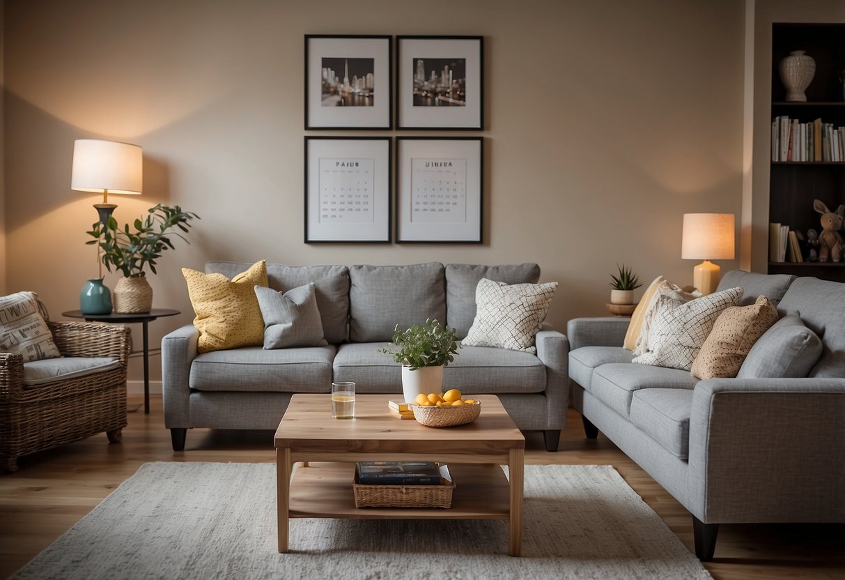 A cozy living room with a large, comfortable sofa and a warm, inviting atmosphere. A table set with refreshments and a stack of parenting books. Family photos on the walls and a calendar marked with the baby's due date