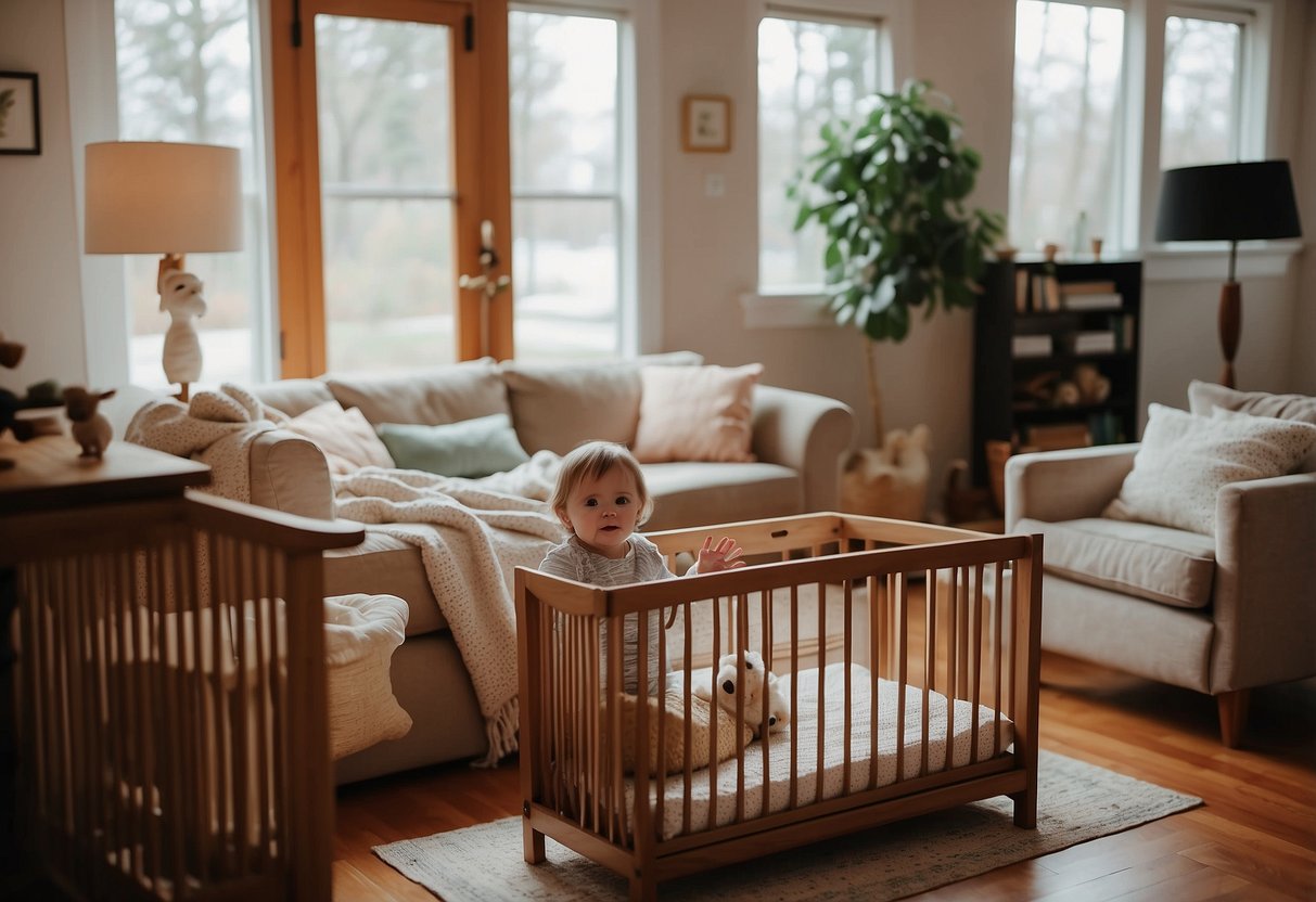 A cozy living room with baby-proofed furniture, safety gates, and locked cabinets. Grandparents reading baby care books and setting up a crib