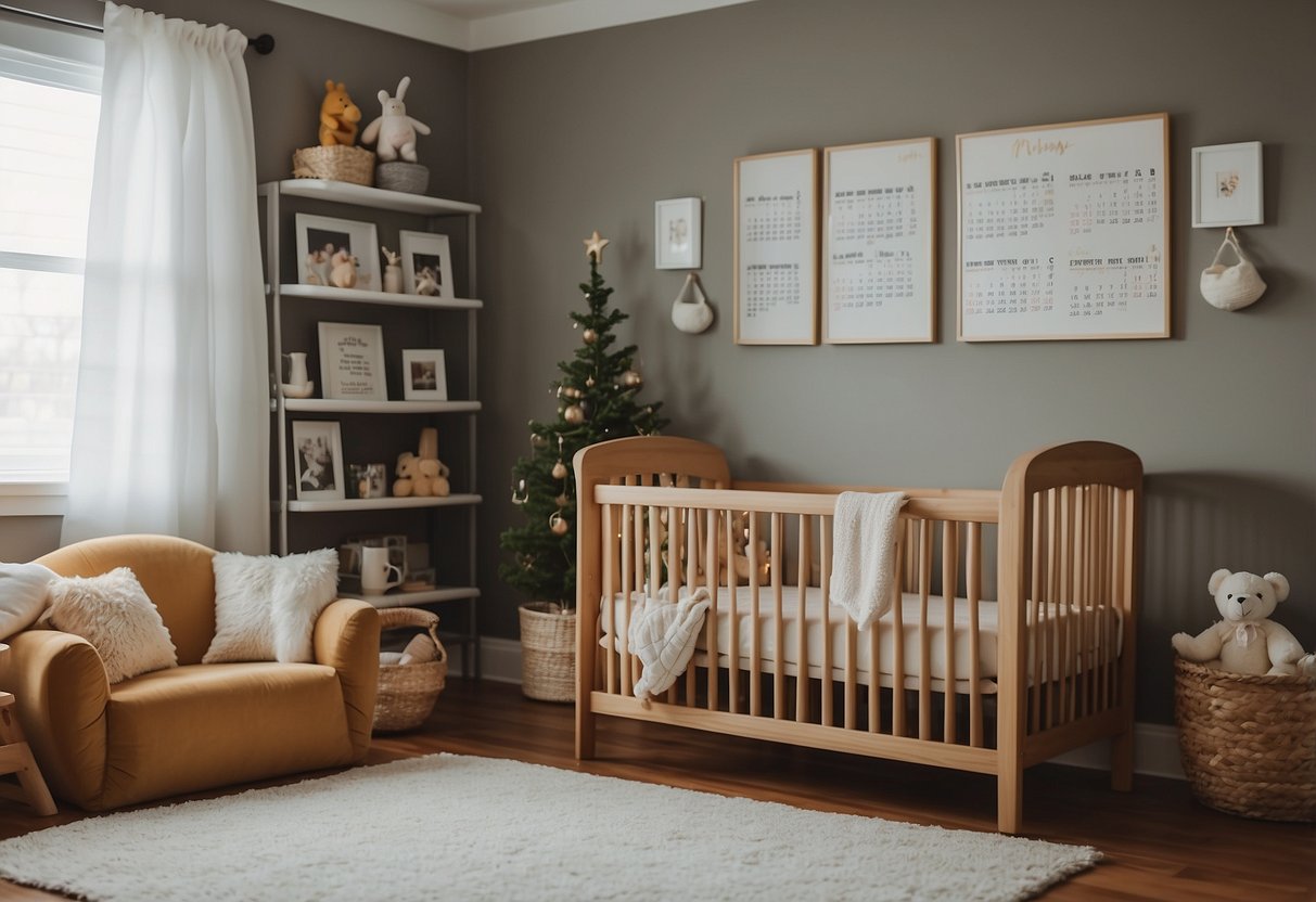 A cozy living room with a crib, baby toys, and a bookshelf filled with parenting guides. A calendar on the wall marks the date of the babysitting training session