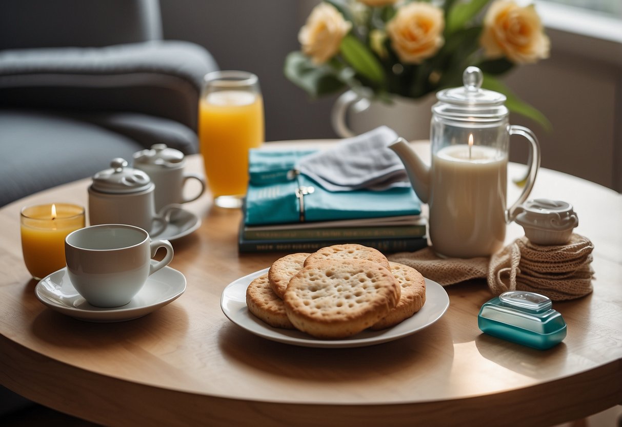 A table set with baby essentials, pamphlets on health precautions, and a cozy chair for the grandparents to sit and discuss