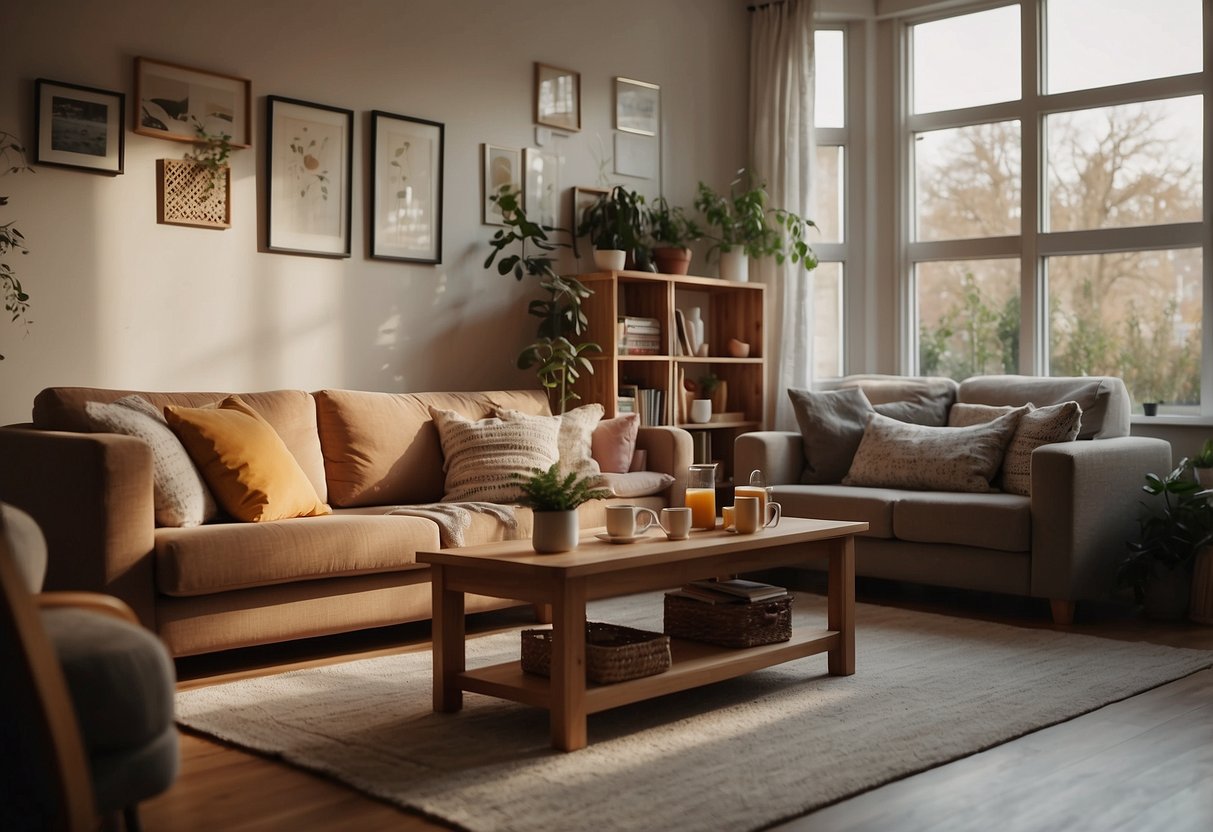 A cozy living room with a comfortable sofa and a warm atmosphere. A bookshelf filled with parenting books and a table with a cup of tea and some snacks. A happy, relaxed atmosphere with grandparents chatting and laughing