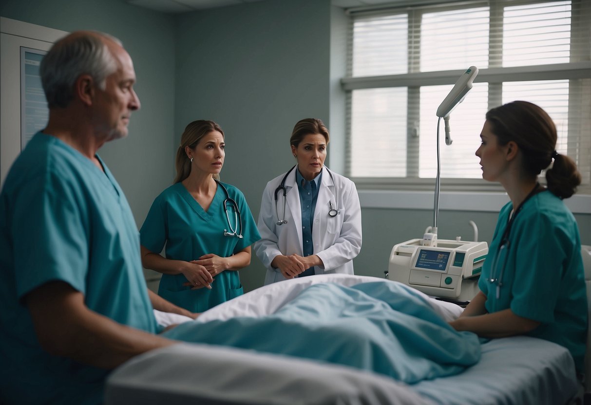 A hospital room with medical equipment, a worried family, a doctor explaining risks, a woman receiving treatment, and a sense of tension and uncertainty in the air