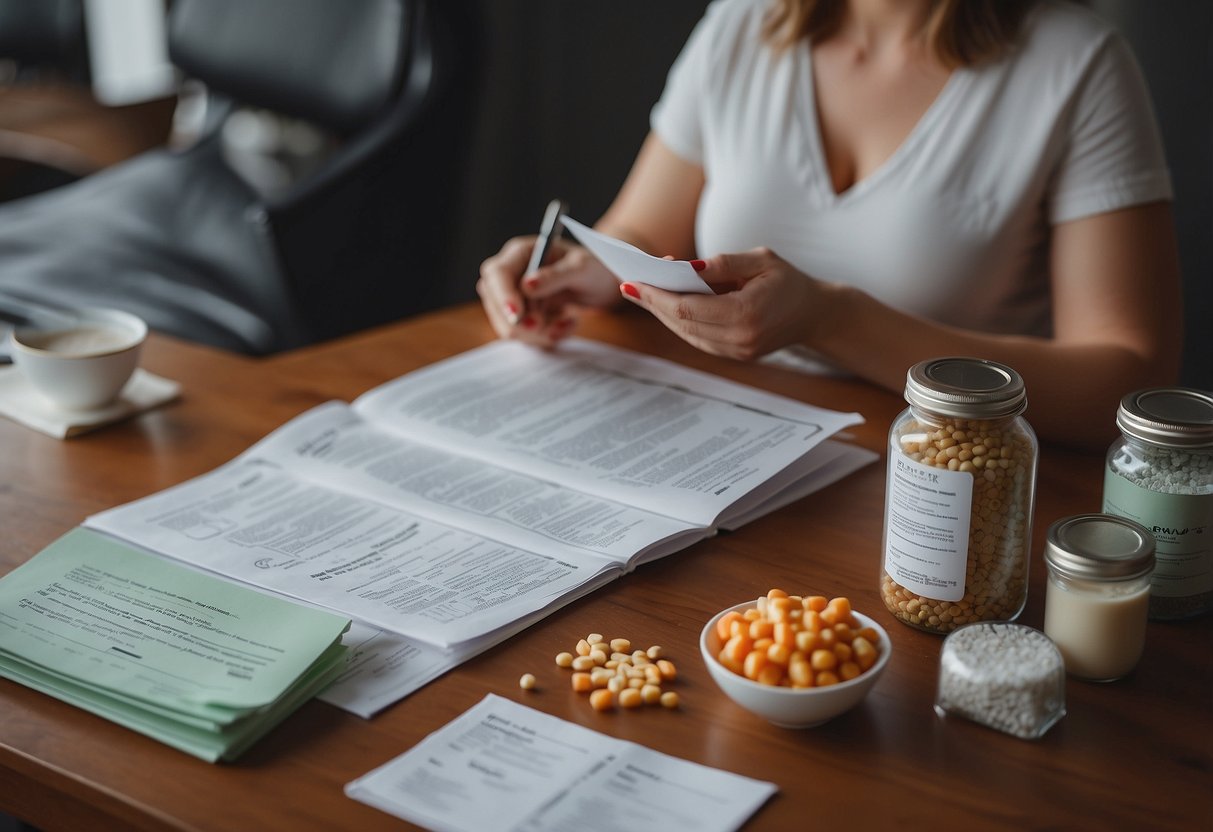 A pregnant woman reading a list of lifestyle modifications, surrounded by medical documents and prenatal vitamins