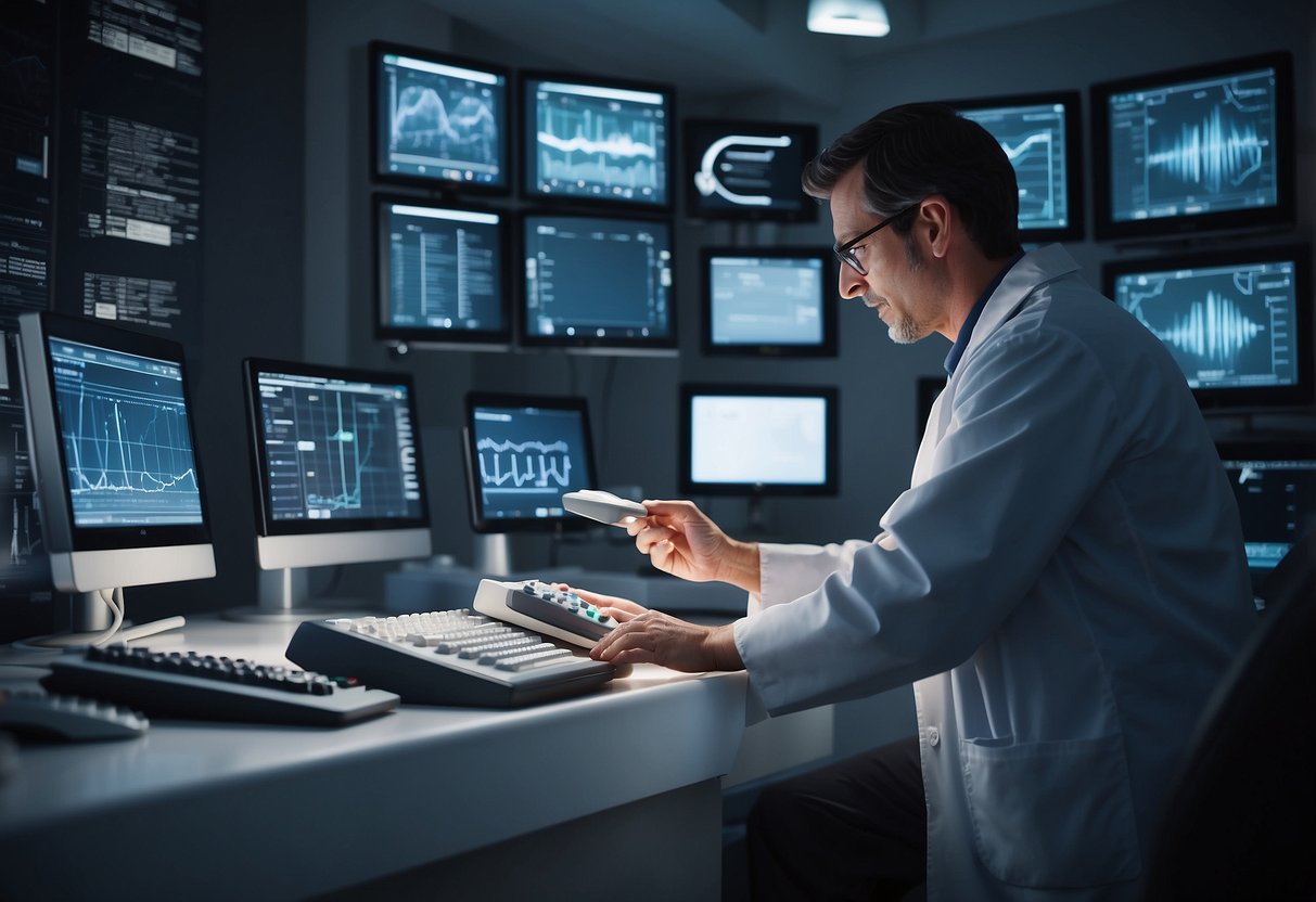 A doctor conducting specialized tests on a pregnant woman, monitoring vital signs and performing ultrasounds. Medical equipment and charts fill the room