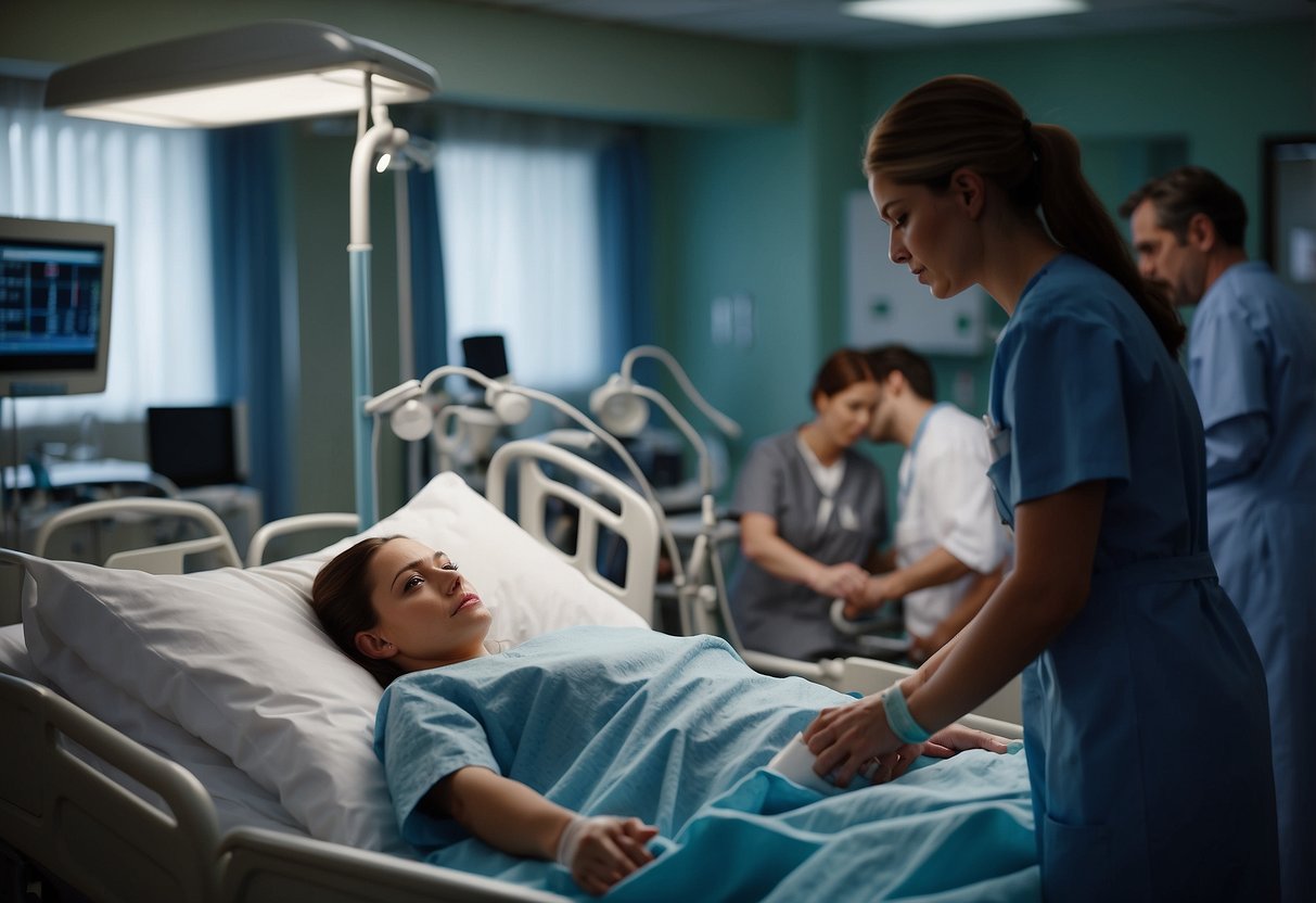 A woman in a hospital bed with medical equipment around her. Doctors and nurses monitoring her closely. Family and friends offering support. An atmosphere of tension and concern